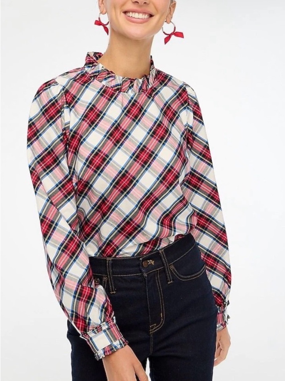 EUC J. Crew Red, Cream & Blue Tartan Plaid Ruffle-Neck Blouse - Picture 1 of 6